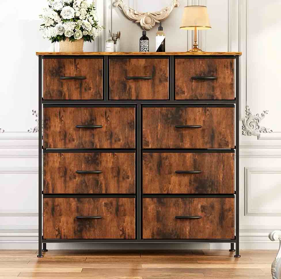 ZUNMOS 9 Drawer Fabric Dresser for Bedroom, Chest of Drawer Organizer Storage Cabinet for Closet, Entryway, Rust Brown
