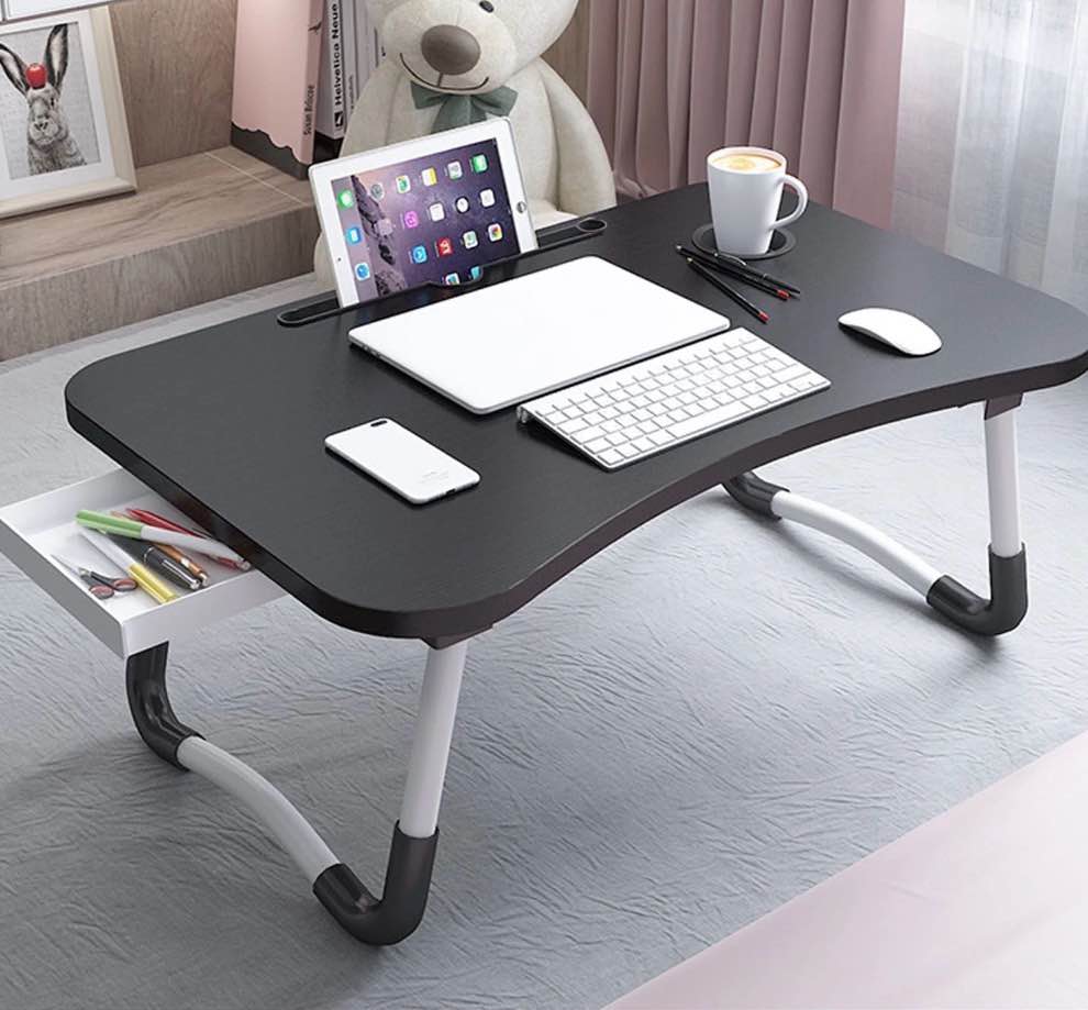 PHANCIR Foldable Lap Desk  23.6 Inch Portable Wood Laptop Desk Table Workspace Organizer Bed Tray with iPad Slots  Cup Holder and Drawer  Anti-Slip for Working Reading Writing  Eating  Watching-Black