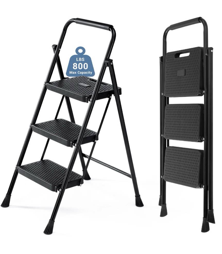 CONCETTA 3 Step Ladder, Folding Step Stool with Anti-Slip Pedal, Lightweight Portable Ladder for Home, Workplace, 800lbs Capacity?Black