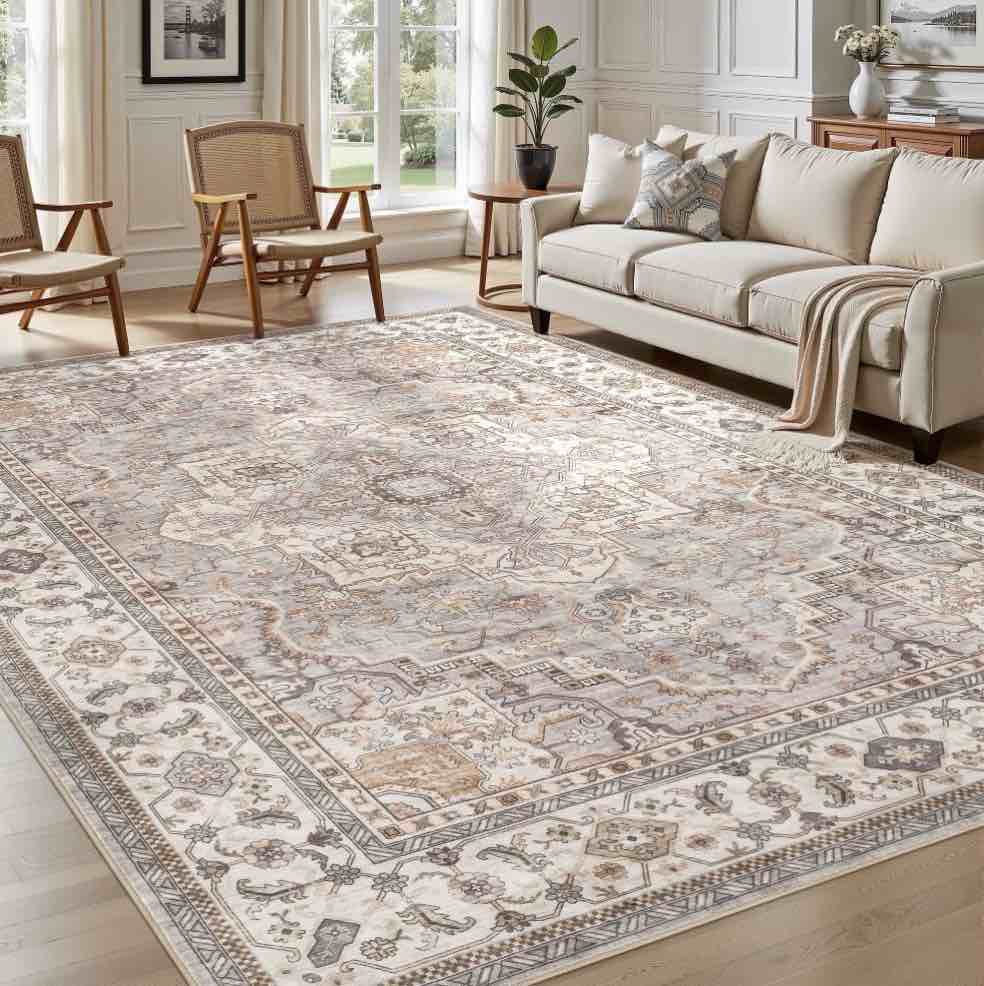 UERMEI 10'x14' Washable Area Rugs for Living Room, Vintage Floral Boho Printed Carpet, Non Slip Indoor Large Rugs for Bedroom Home Decor Carpets, with 6Pcs Rug Tape - Beige Gray