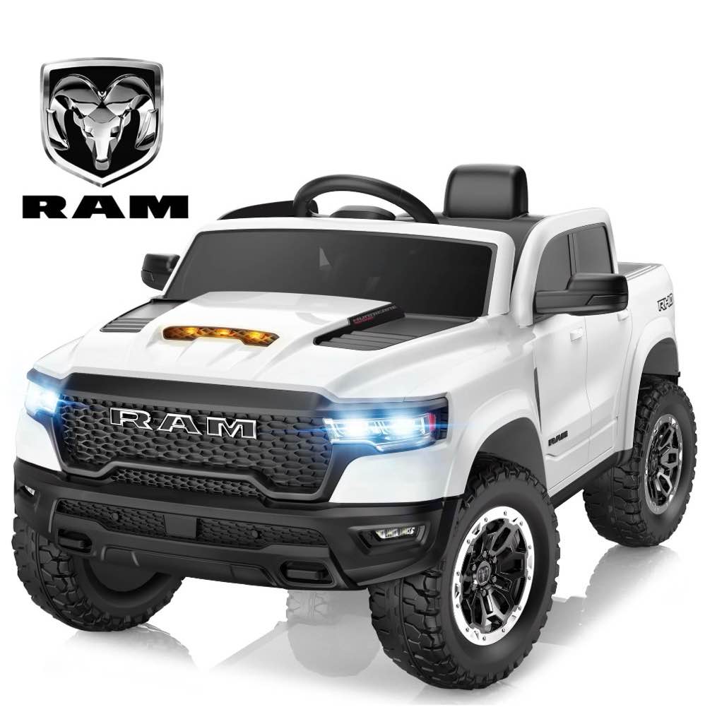 RAM 1500 Ride on Car Toy for Kids, 12V Powered Ride on Truck Toy with Remote Control, 4 Wheel Suspension, Safety Belt, Music, Bluetooth, LED Lights, Electric Cars for 3-5 Yrs Boy Girl, White