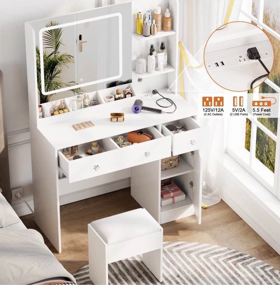 Satifur White Vanity Desk Set with Mirror and Lights, Makeup Table with Charging Station, Comfortable Bench, Big Vanity with 3 Storage Compartments, 39.4in