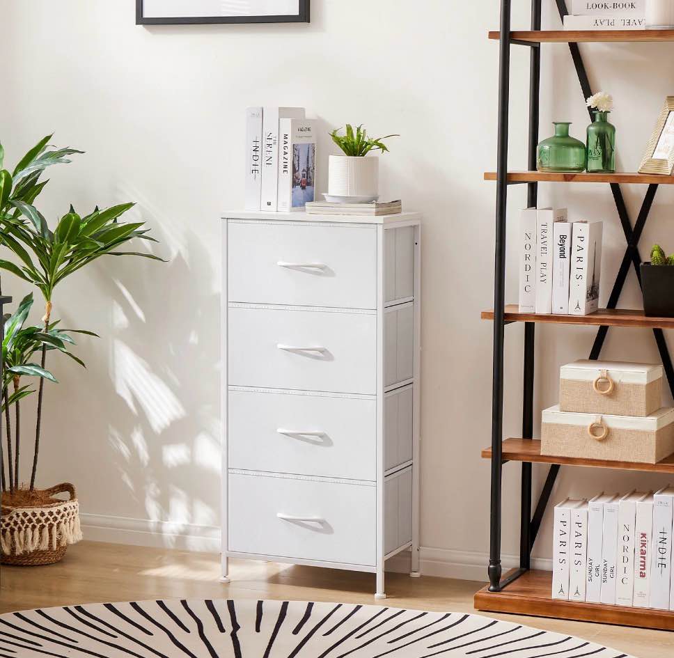 CONCETTA 4 Drawer Dresser, Wide Chest Drawers Nightstand Storage Tower Storage Fabric Dresser With Wood Top for Living Room, Bedroom, Closet, White