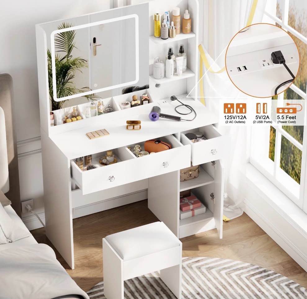 Satifur White Vanity Desk Set with Mirror and Lights, Makeup Table with Charging Station, Comfortable Bench, Big Vanity with 3 Storage Compartments, 39.4in