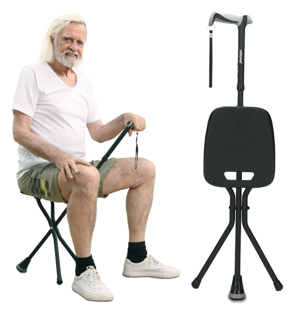 Rehand Folding Adjustable Walking Cane with Rubber Feet, Lightweight Aluminum Stick with Seat, Black