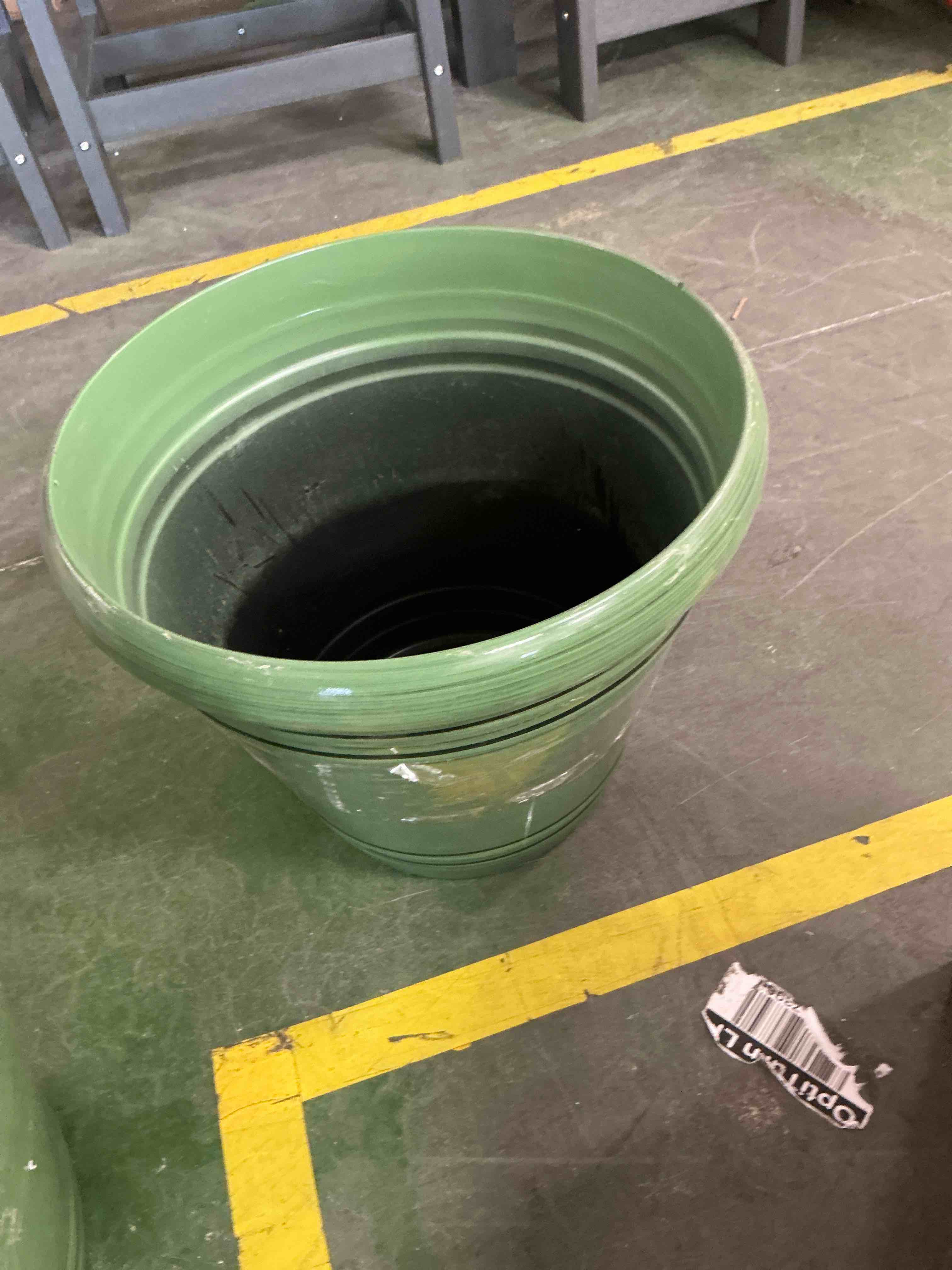 Condition photo showing Good Condition for style selections round 13.46-in w x 13.46-in l x 11.65-in h green recycled plastic indoor/outdoor planter