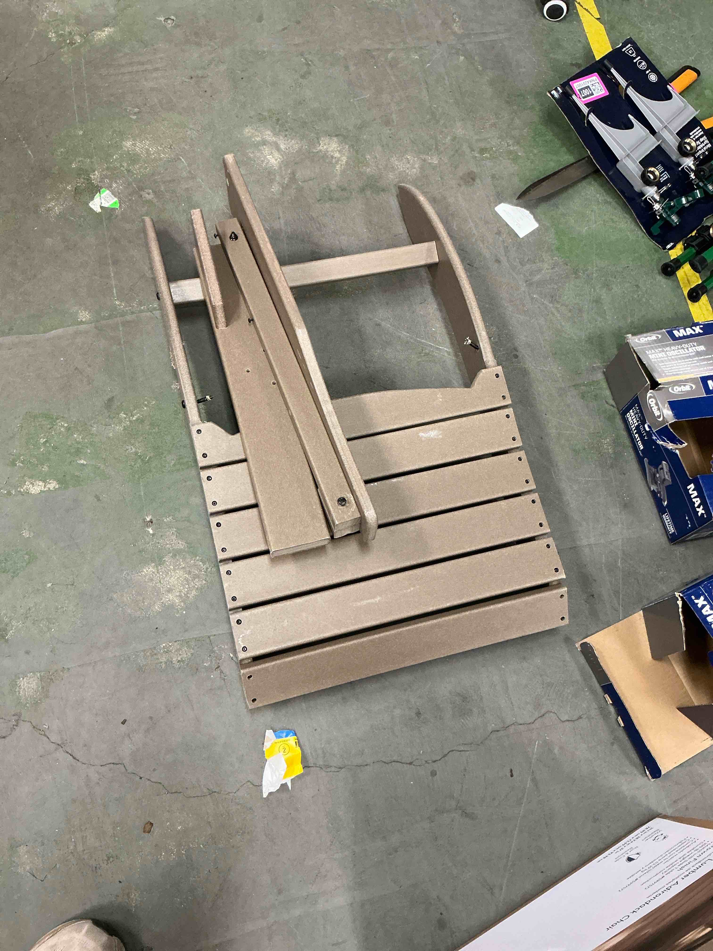 Condition photo showing As Is for style selections brown hdpe frame stationary adirondack chair with slat seat