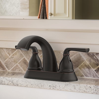 allen + roth reagan oil rubbed bronze 4-in centerset 2-handle watersense high-arc residential handle bathroom sink faucet with drain with deck plate