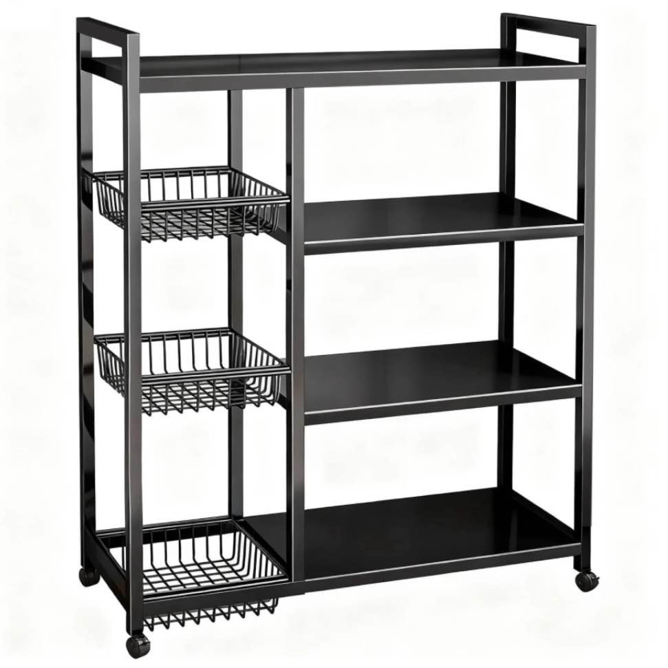 movable wire rack, heavy-duty 4-tier storage shelf with 3 baskets and wheels, metal shelves organizer for kitchen, bathroom, office, garage,