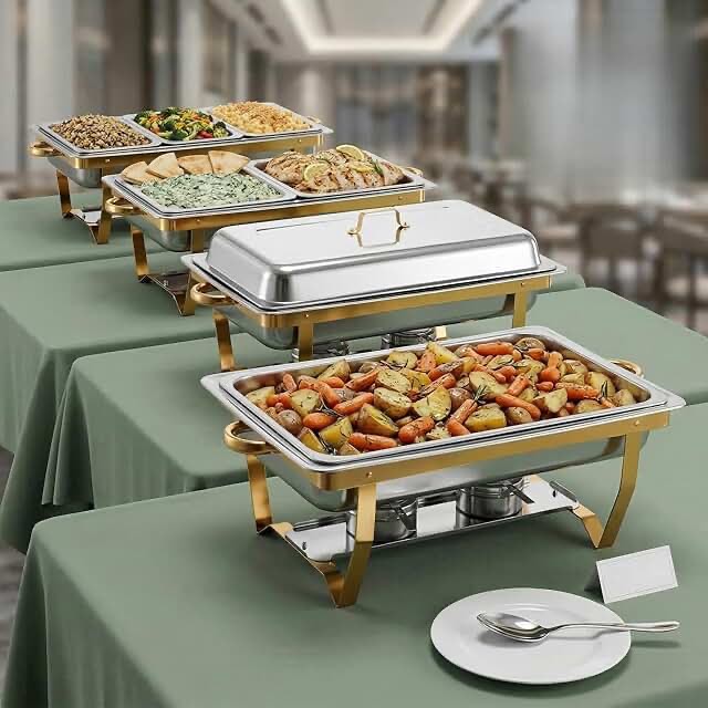 chafing dish buffet set 4 pack: tinana 8qt stainless steel chafing dishes for buffet chafers and buffet warmers sets for parties events wedding camping dinner-gold