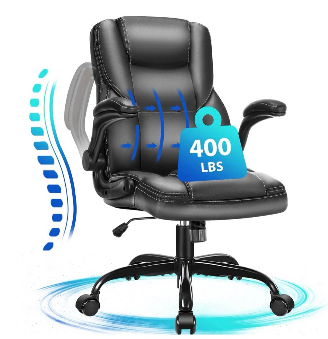jonpony leather office chair, big and tall office chair 400lbs wide seat ergonomic computer desk chair high back executive leather chair adjustable task chair lumbar back with 1-year warranty, black