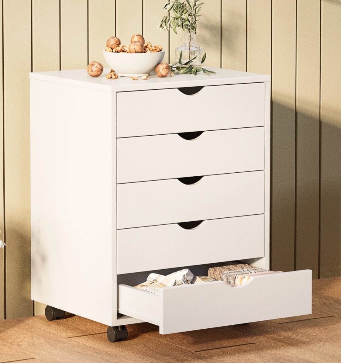 concetta 5 drawer storage cabinet with wheels for bedroom home office organization white