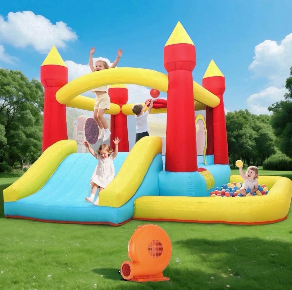 toiyjofe inflatable bounce house with slide & ball pit, kids bouncy castle with blower, backyard play center for kids 3-6, indoor outdoor party use