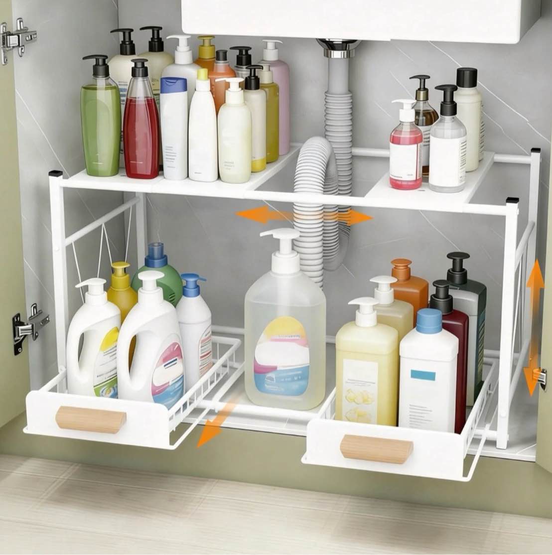 2 tier under sink organizer and storage, expandable length 21.5"-31.8", height adjustable, 2 sliding drawers & movable top shelves, for bathroom & kitchen, white