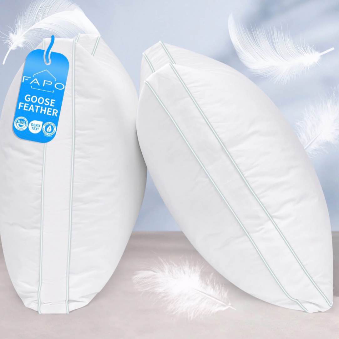 fapo goose feather down pillows, gusseted bed pillows queen size set of 2, luxury hotel collection fluffy pillows 100% cotton cover