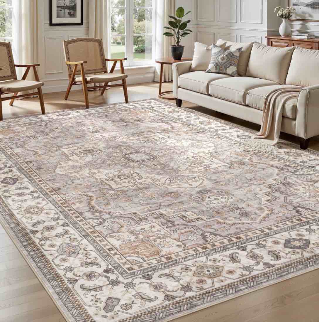 uermei 8 x10 washable area rugs for living room vintage floral boho printed carpet non slip indoor large rugs for bedroom home decor carpets beige gray