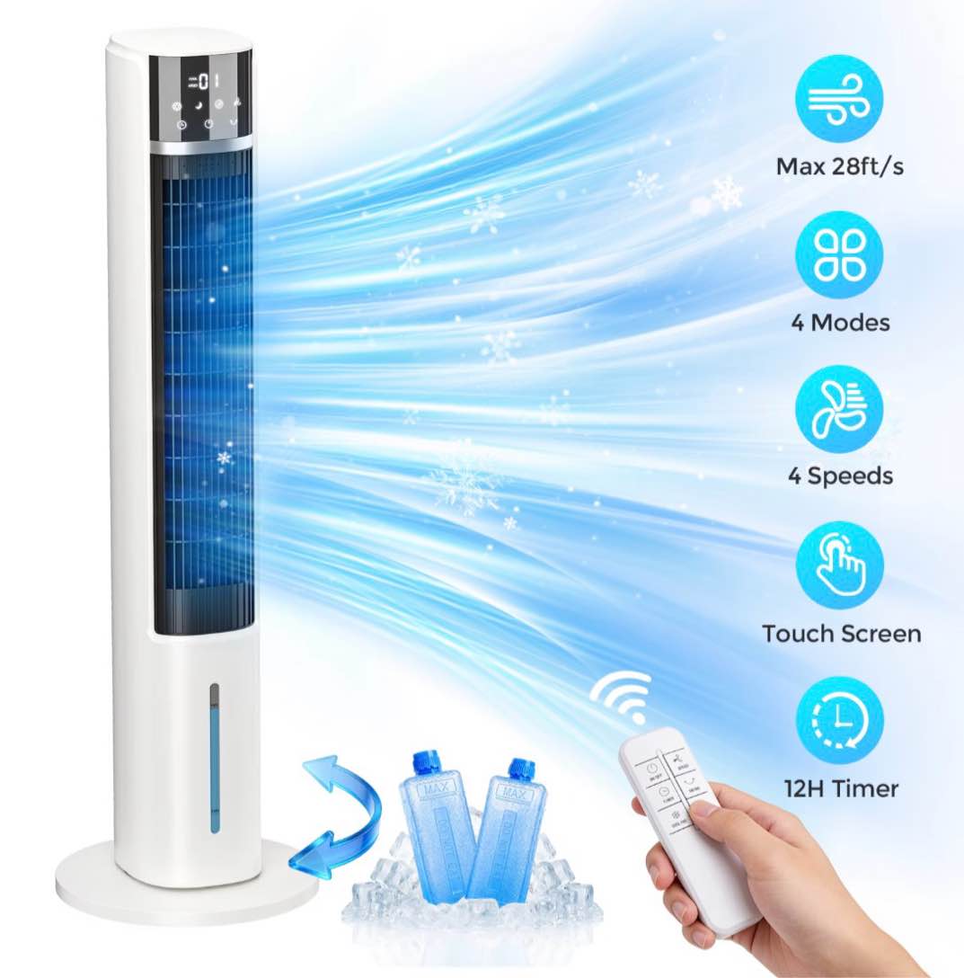 evaporative air cooler tower fan for home bedroom 40 floor standing cooling fans 90° oscillating 4 modes & 4 speeds 12h timer 2 ice crystal boxes
