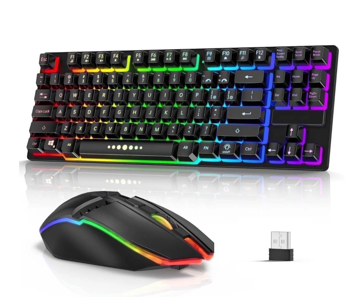 wireless keyboard and mouse combo, 87 keys rechargeable gaming keyboard mouse set, silent ergonomic anti-ghosting keyboard, w/ 2.4g usb receiver, 7 color backlit for windows desktop laptop pc