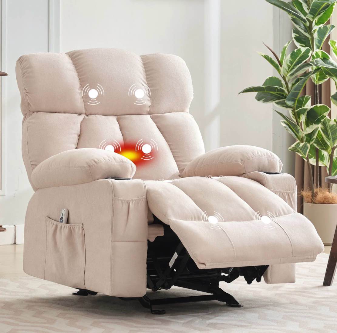 jonpony manual recliner chair with heat therapy and massage function, heavy duty reclining mechanism massage chair, elderly single rocker sofa with cup holders for bedroom home theater,beige