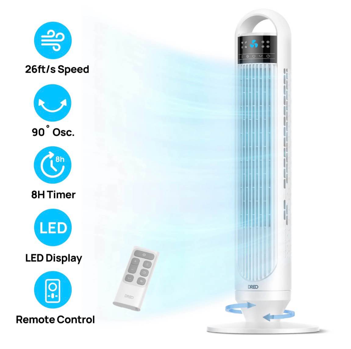 dreo tower fans for home  32  standing floor fan  26 ft/s bladeless fan with remote  90° oscillating  3 modes  3 speeds  led display  8h timer  quiet room fan