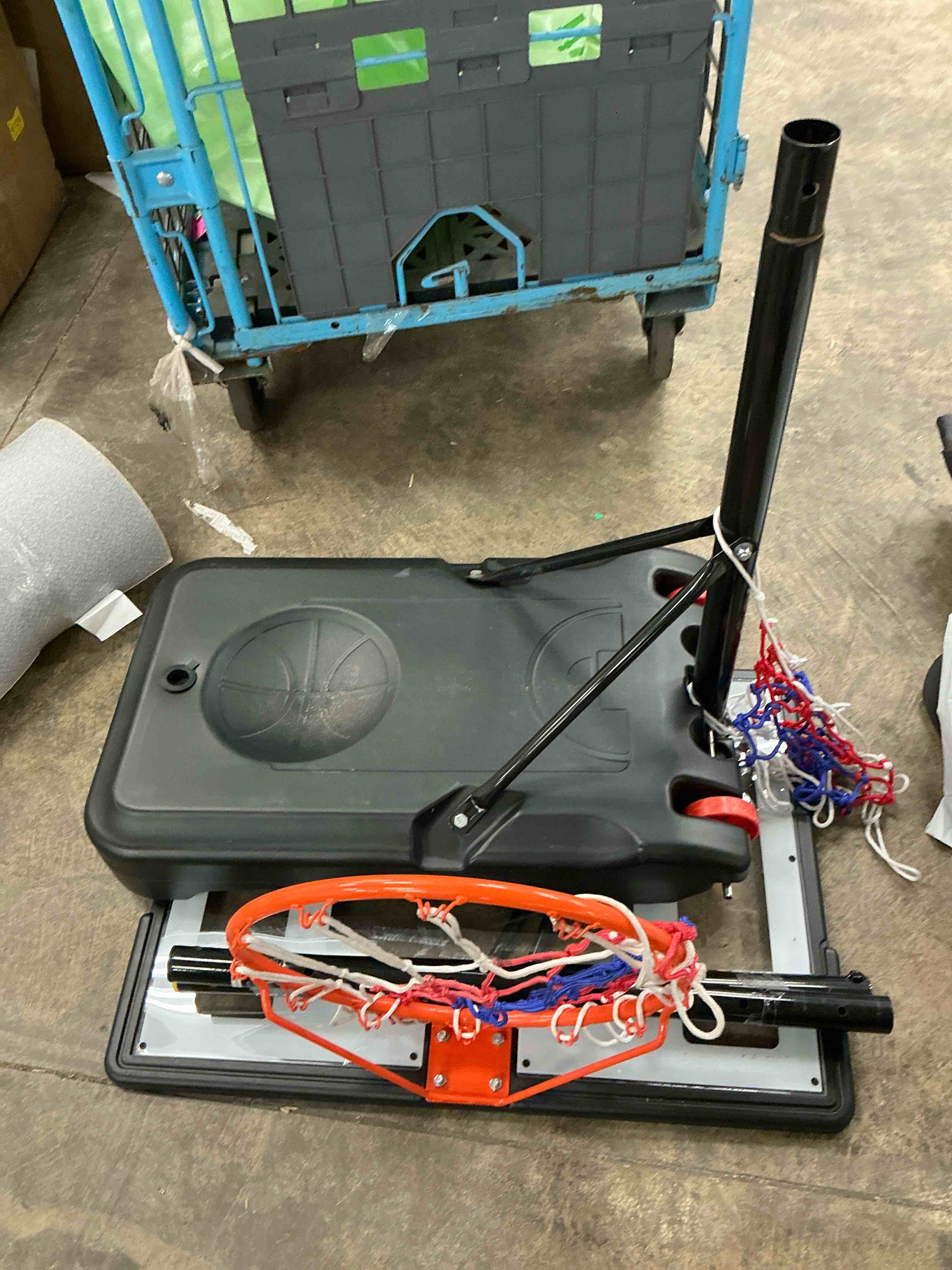 Condition photo showing As Is for ktaxon 33 in. portable basketball hoop stand 6.5-8 ft adjustable basketball goal system with pvc backboard indoor/outdoor