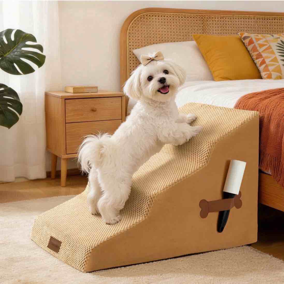 yuwenus pet stairs 3-step dog ramp for beds or couches, non-slip 16" dog stairs for small dogs,