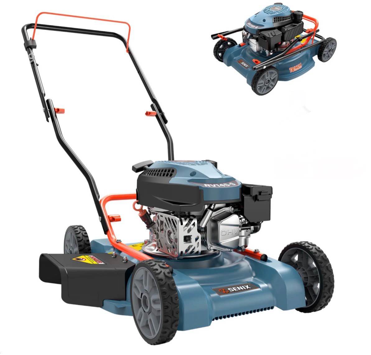 senix gas lawn mower, 18in cutting blade / 19in cutting deck, 144cc 4-cycle engine push mower with side discharge