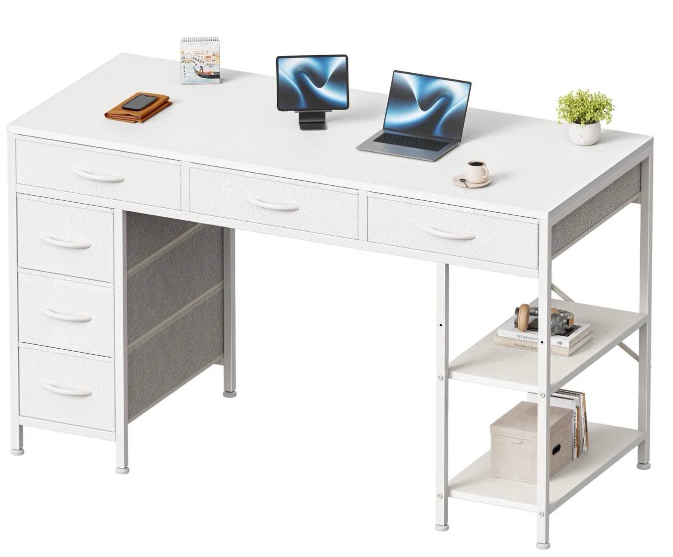 amadwell 47" desk with drawers & storage, office desk with reversible shelves, gaming computer desk, white