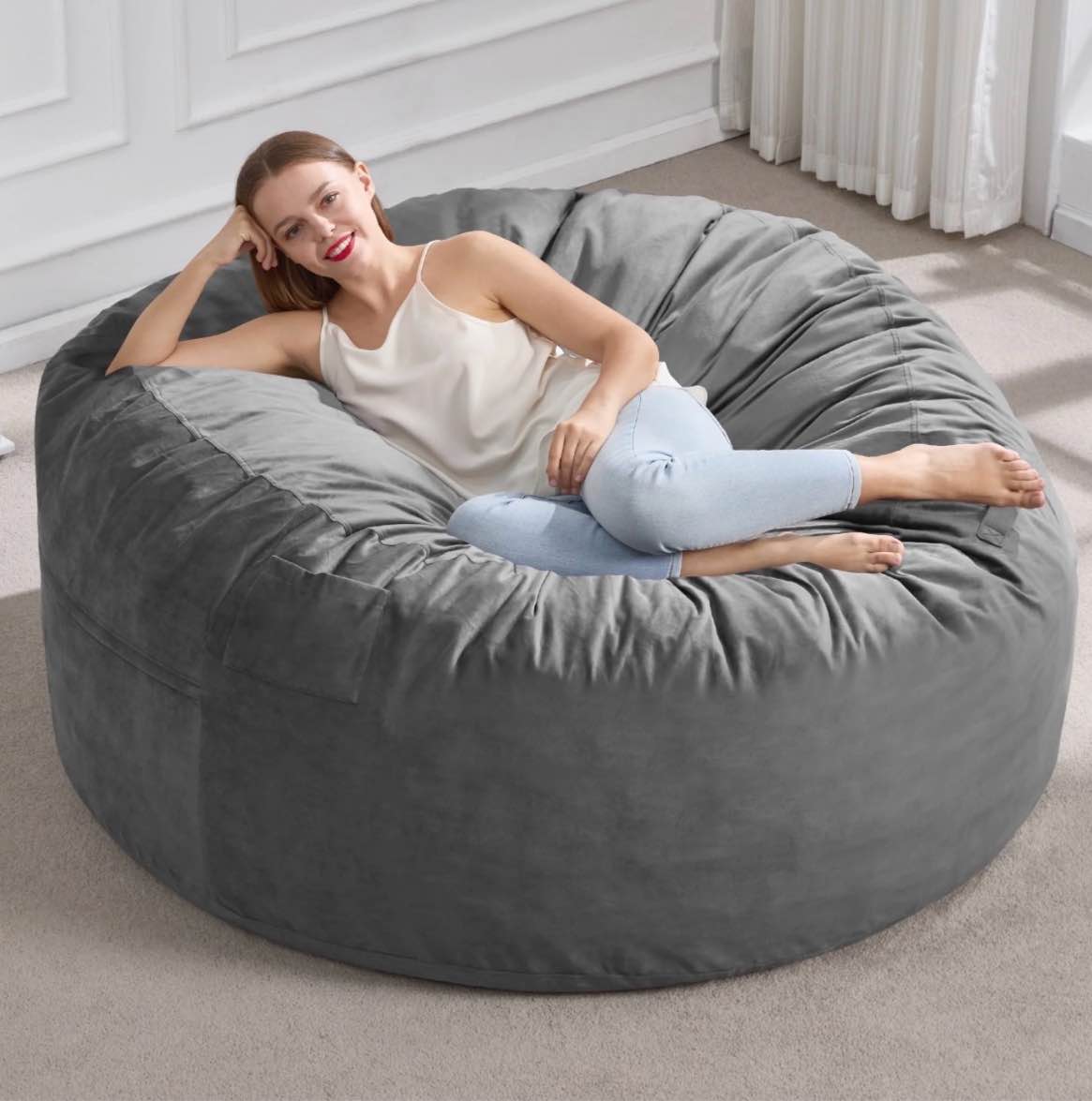 5ft bean bag chair bean bag chairs for adults giant bean chairs with velvet cover, memory foam beanbag chair large bean bag chairs for adults for living room, bedroom - grey (50" x 50" x 24")