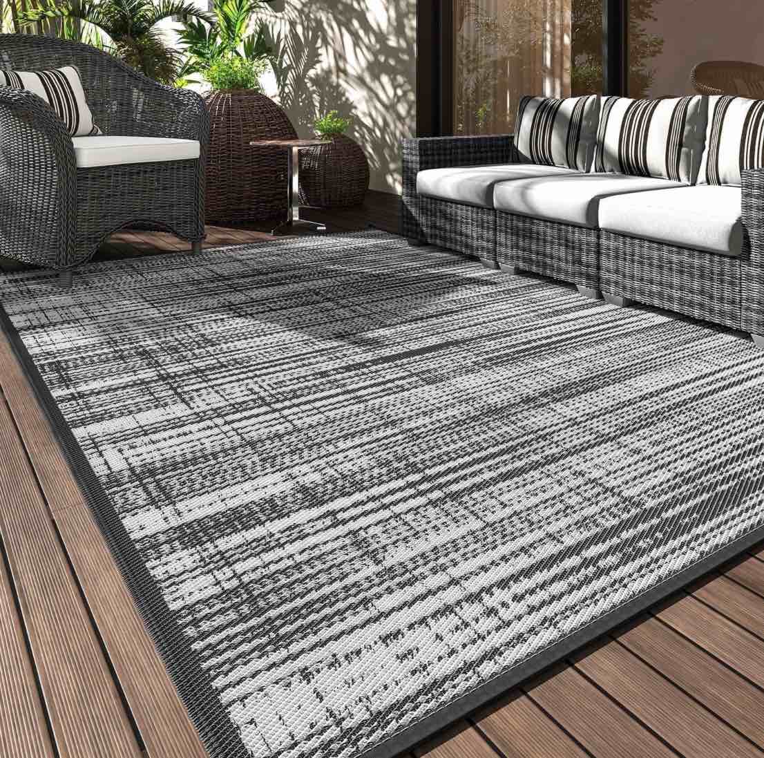 vunate outdoor rug carpet 10 x14 waterproof reversible patio rug portable modern abstract indoor outdoor rug plastic straw rug for rv camping garden picnic deck backyard porch decor gray and white