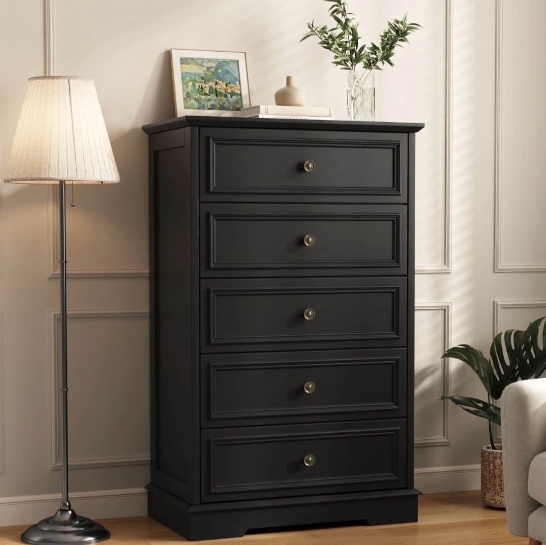 5 drawer dresser for bedroom, retro wood storage cabinet with antique bronze round handles, vintage chest of drawers with solid base for living room, hallway, entryway, guest room, black