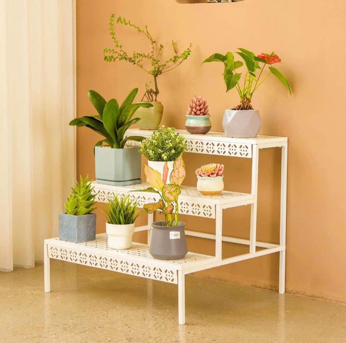 aboxoo 27.6 x 24.6 x 24.6 3-tier white steel plant display rack with spacious storage space