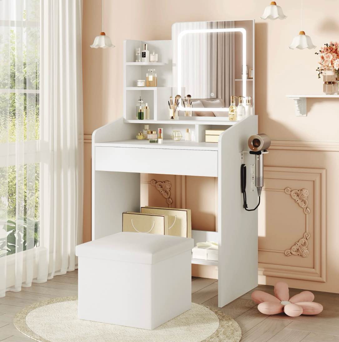livelyglow makeup vanity set with stool, lighted mirror, vanity desk with 7 shelves, large drawer, power outlet & hairdryer holder, vanity dressing table perfect gift for bedroom - white