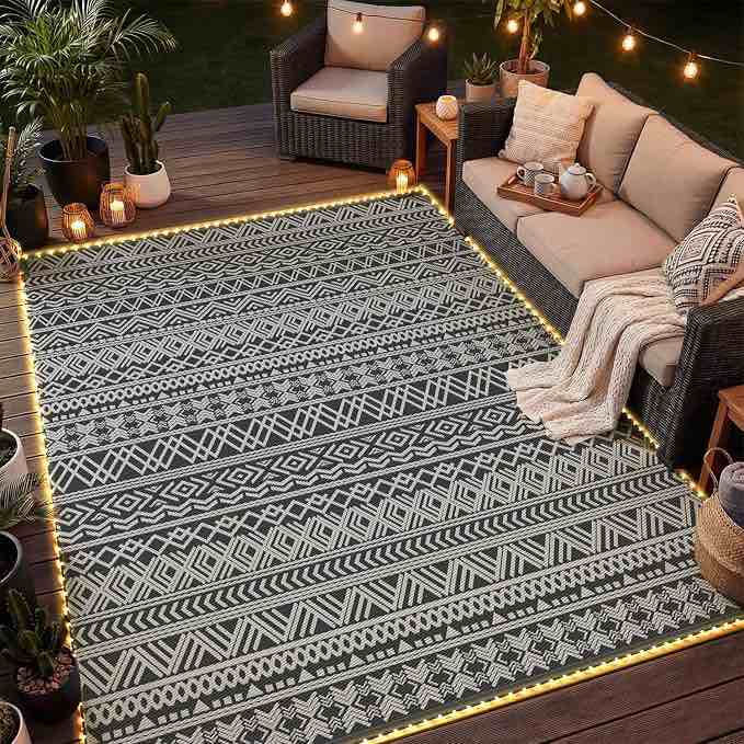 sixhome outdoor rug with led strip lights 10 x14 waterproof patio rug reversible indoor outdoor rug lightweight plastic straw rug for rv camping deck