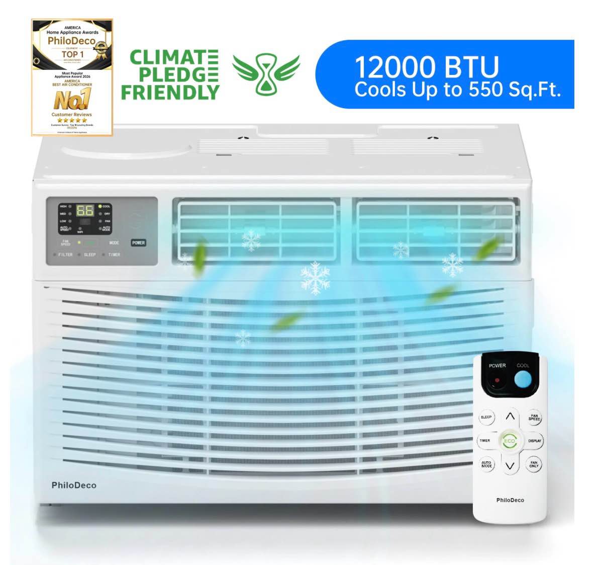 philodeco 12000 btu window air conditioner 550 sq ft. intelligent ac units led display screen operates quietly energy-saving. timer • sleep and eco.with remote control dehumidifier