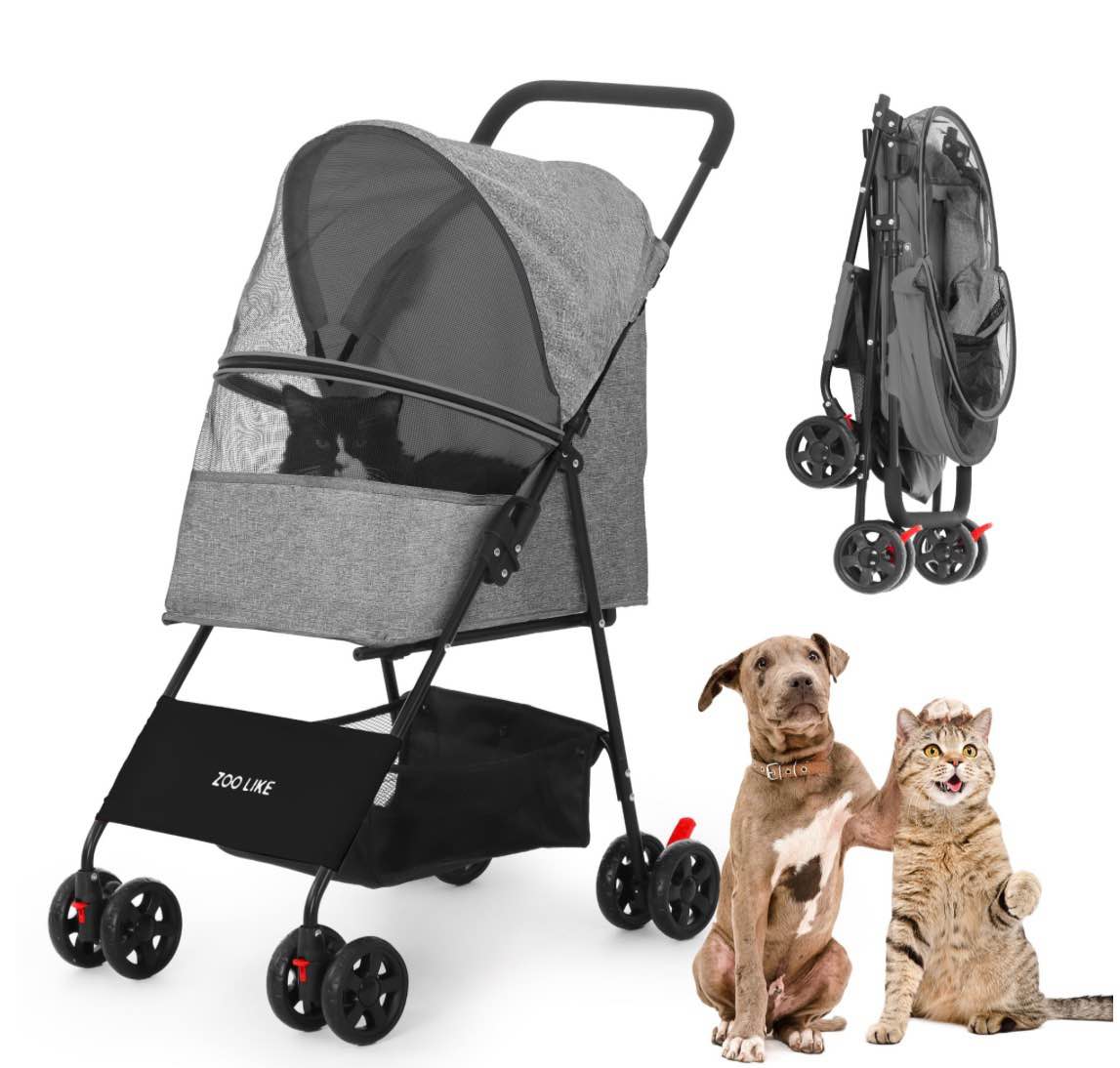 zoolike pet stroller for cats and dogs, 4-wheeled foldable travel carrier with storage basket, gray