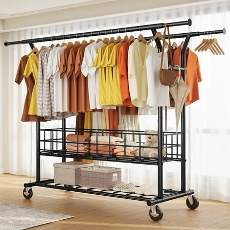 hokeeper 625lbs heavy duty double clothing garment rack with shelves and metal basket clothing racks on wheels rolling clothes rack for hanging clothe