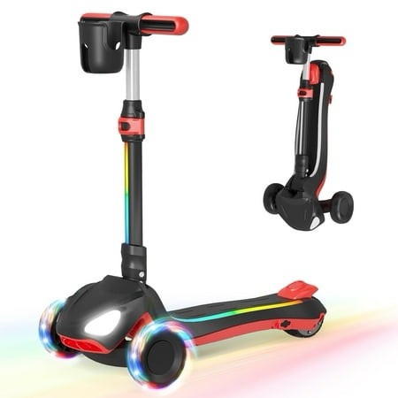 simate electric scooter for kids ages 4-10 thumb accelerator led lights lcd screen 3 adjustable height & 3 -wheels electric scooter for girls/boys 5