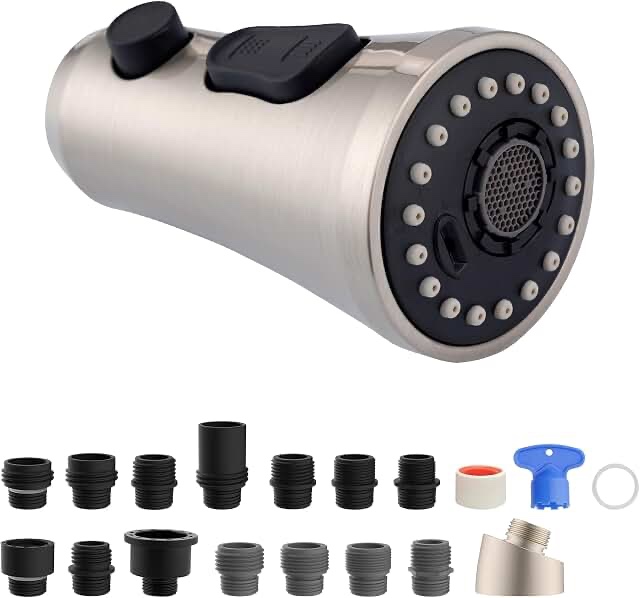 hibbent pull down kitchen faucet head replacement, 3-function nsf/ansi/can 61 & cupc certified sink spray nozzle, 15 adapters, compatible with moen, delta, kohler faucets, brushed nickel stay on sprayer without hold button brushed nickel