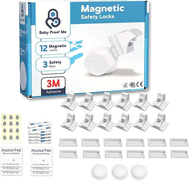 baby proof me 12-pack magnetic cabinet locks, baby proofing child safety locks with 3 keys, no-drill 3m adhesive for cabinets & drawers 12 locks + 3 keys