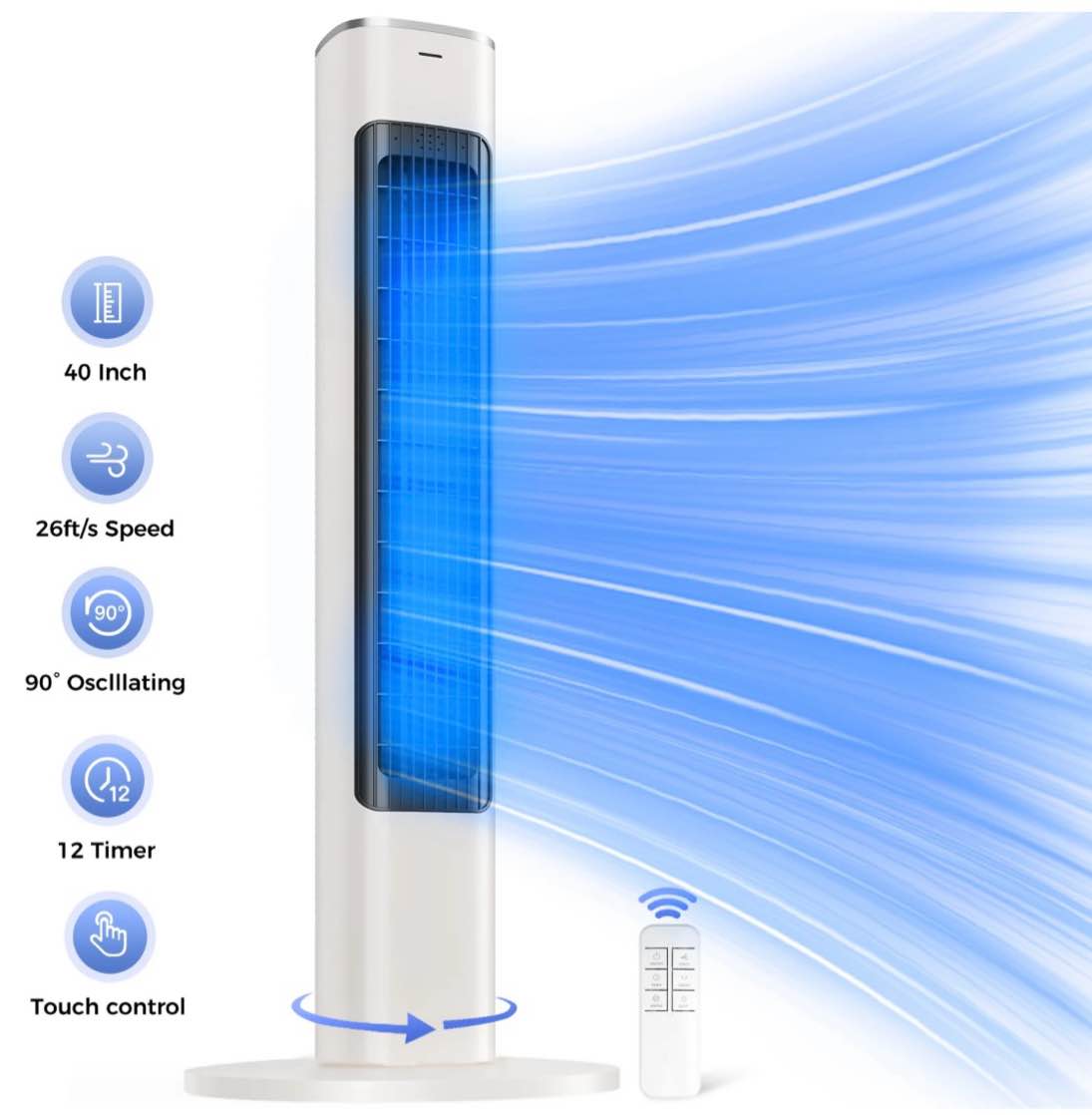 tower fan 40 electric fan for bedroom 90° oscillating stand fan with remote 4 speeds 26ft/s 12h timer 28db bladeless cooling fans for home
