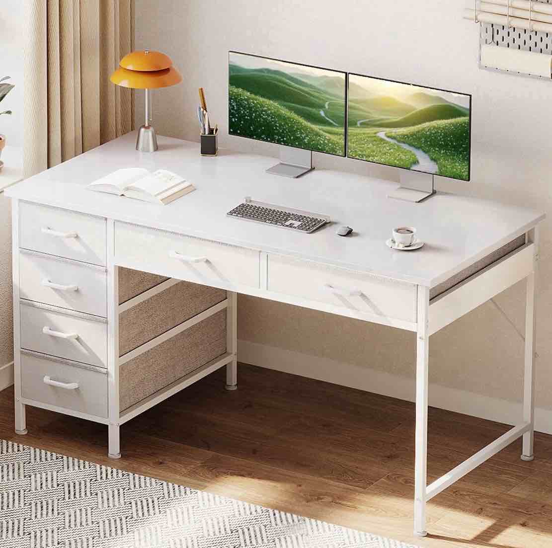 casacomoda 48" home office desk with 6 drawers, small space computer desk with reversible storage, corner computer desk, white