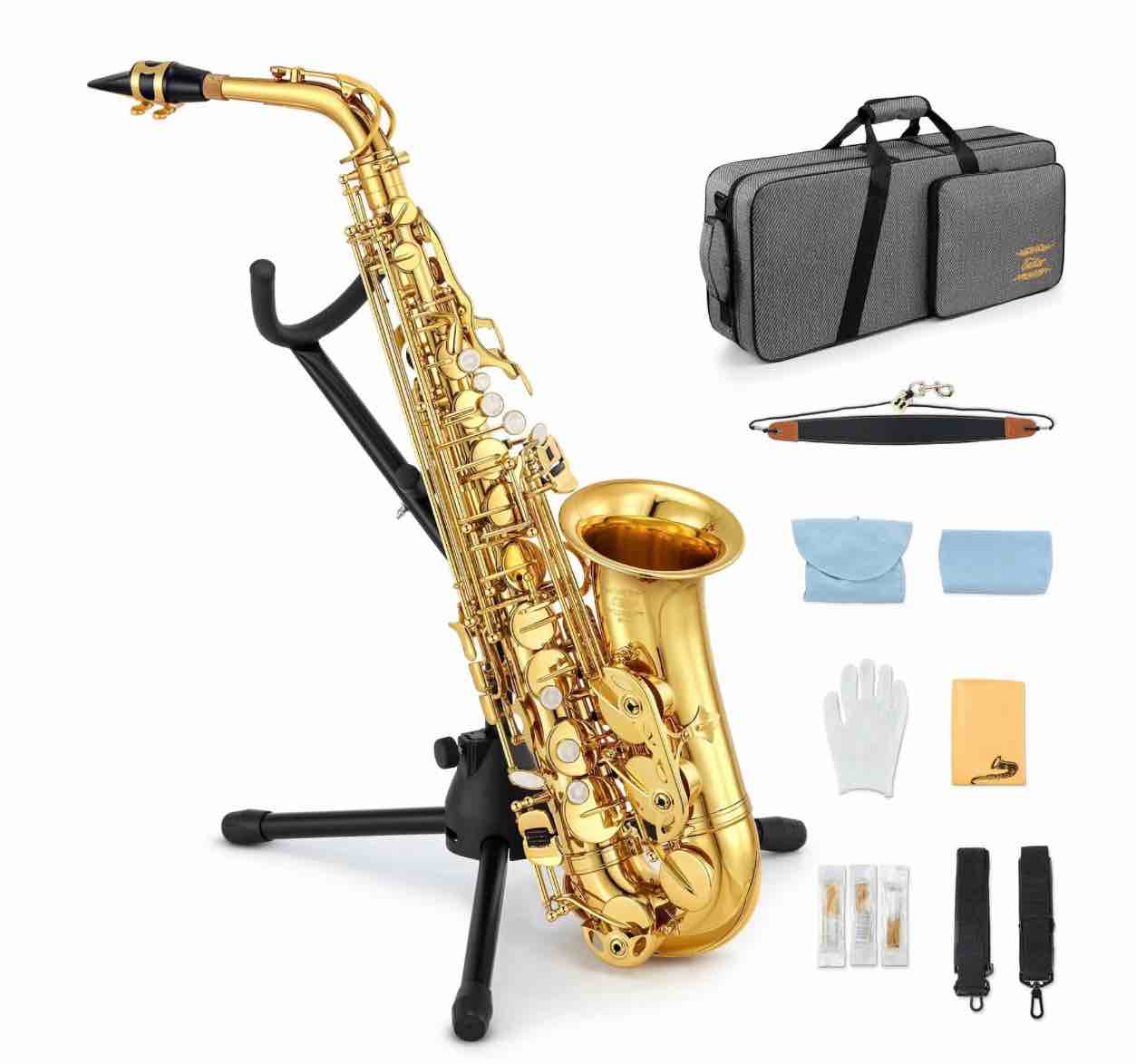 eastar alto saxophone with stand e flat gold lacquer student beginner sax full kit school band orchestra instruments as-ii