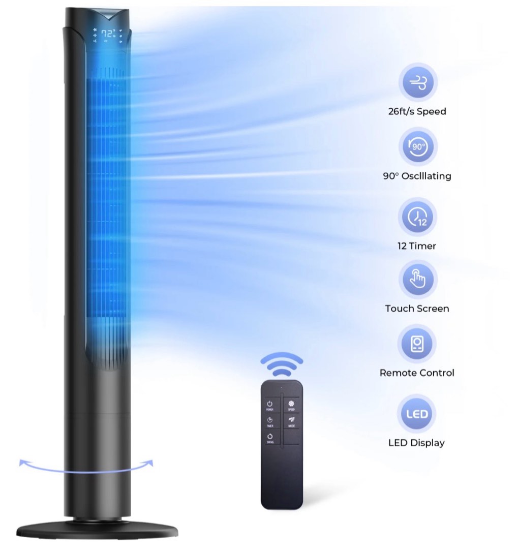 41 tower fan wide oscillating fans with 3 speeds 3 modes 26 ft/s high velocity led display with remote 12h timer for home living room office