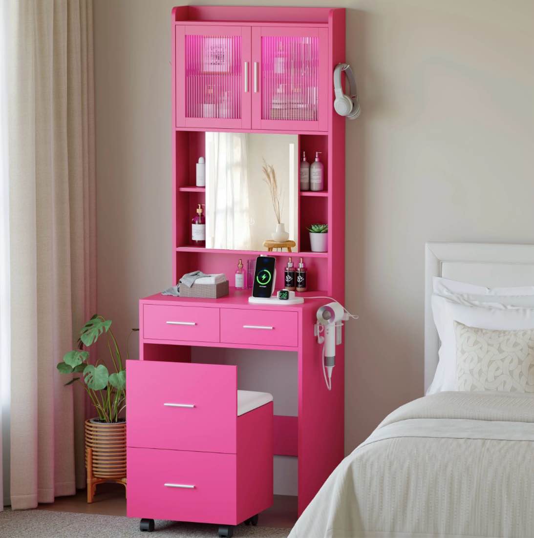 ktaxon makeup vanity table for small spaces, vanity table set with charging station and sliding mirror, bedroom makeup table, hot pink