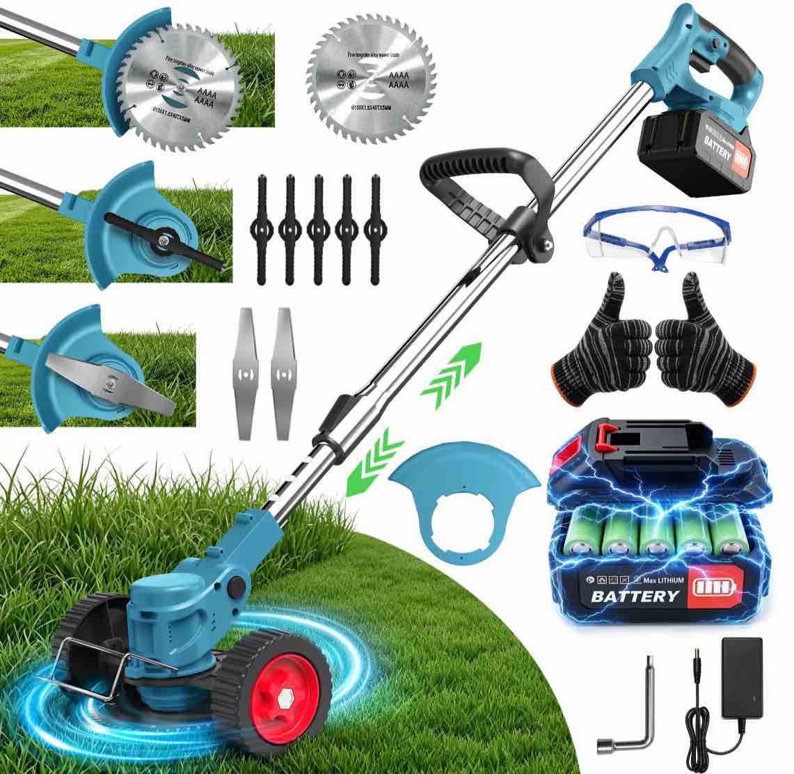 tntants weed wacker cordless, 3-in-1 lightweight electric string trimmer with 3 types of blades, wheels, 24v battery, weed eater grass trimmer/edger/brush cutter for lawn yard garden (blue)