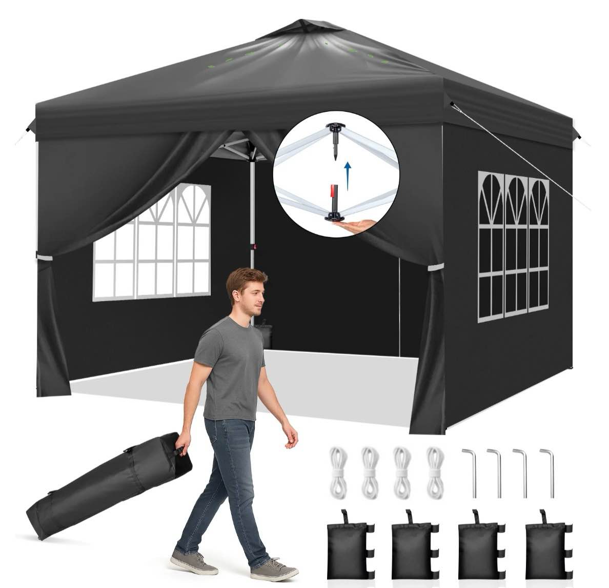 ktaxon 10x10 ez pop up canopy tent outdoor sun shade shelter outdoor gazebo one push setup with sidewalls 1 roller bag 4 sandbags upf50+ - black