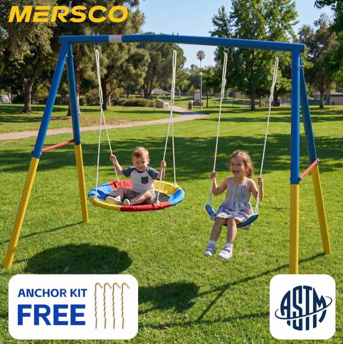 mersco 2-in-1 swing set for backyard with stand, swing heavy duty 440lbs metal outdoor swing stand, contain 1 saucer 32" and 1 belt seat 26.2" for playground, backyard playset