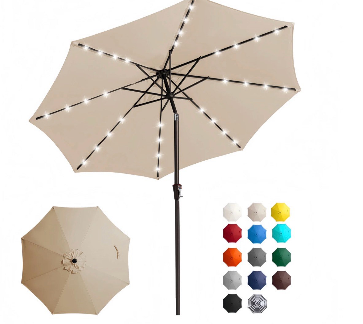 fundaze 10ft solar 32 led patio umbrella w/ tilt & crank lift, 8 sturdy ribs, uv protection solution-dyed fabric, for garden, backyard, deck & patio, beige
