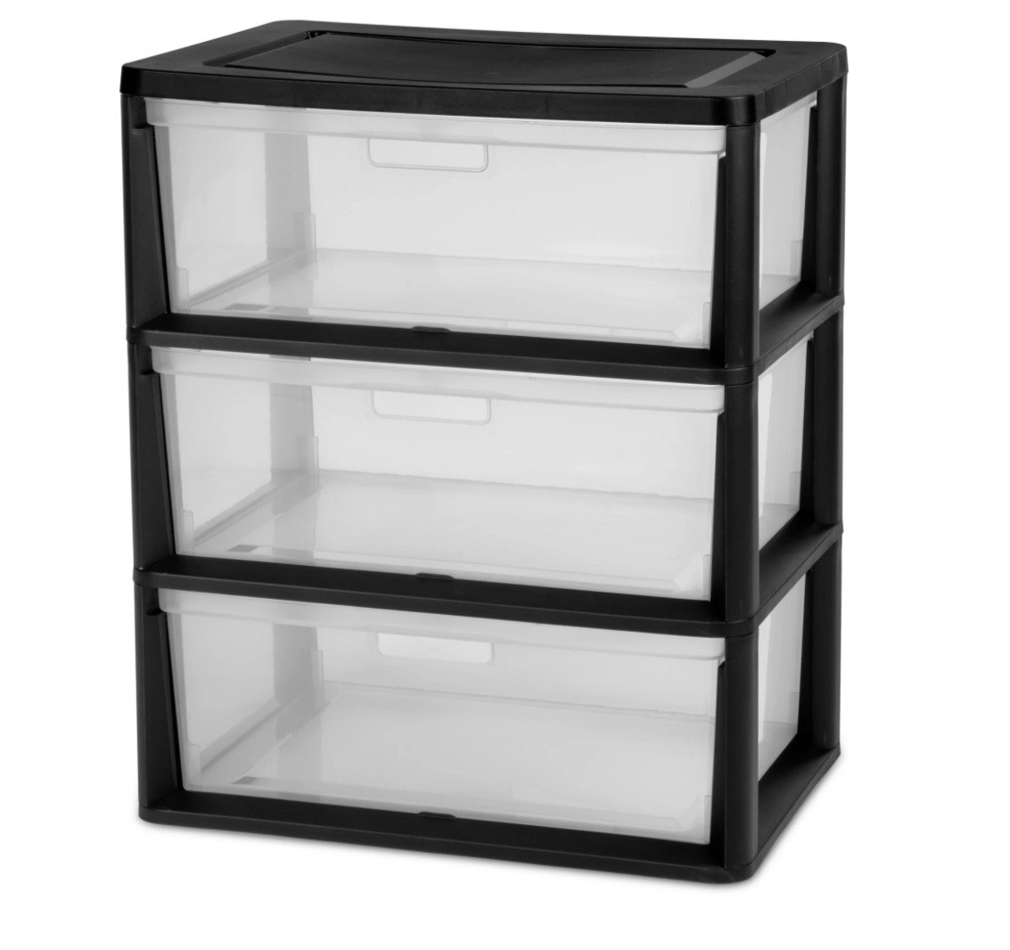 sterilite wide 3 drawer tower, plastic storage organizer with removable clear bins, easy assembly, no tools needed, black
